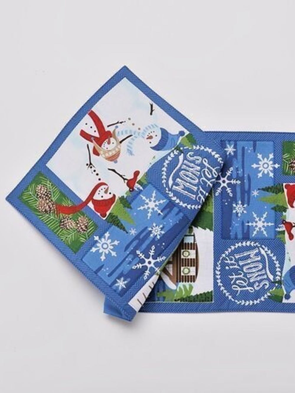 Table Runner Blue Let it Snow Snowman Christmas Quilted Patchwork 13 x 36" NEW